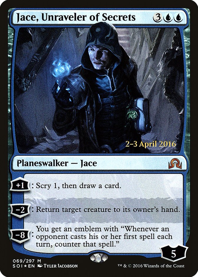 Jace, Unraveler of Secrets (Prerelease) [Shadows over Innistrad Prerelease Promos]