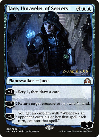 Jace, Unraveler of Secrets (Prerelease) [Shadows over Innistrad Prerelease Promos]